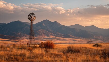 A rustic windmill stands tall against a golden, mountain backdrop at sunset