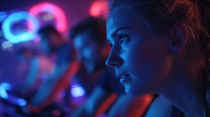 Fototapeta premium Medium shot of a participants determined face lit by neon game graphics spinning bike pedals turning in sharp focus as the rest of the fantasy race world blurs into motion around