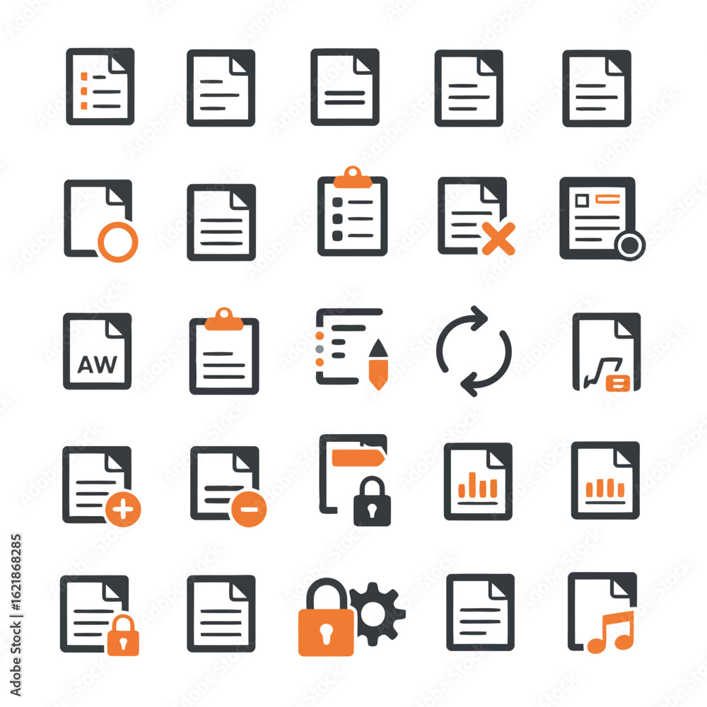 Poster document file icons collection with various operations and data representations vector