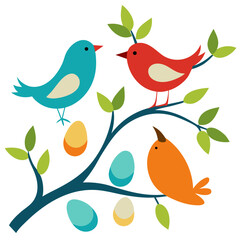 Birds on branches and nests with eggs vector on white background.