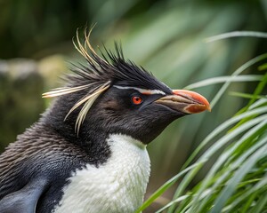 Fototapeta premium Close up portrait of a rockhopper penguin with green background