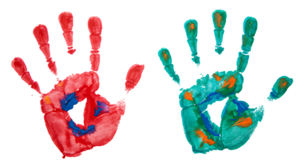 Colorful Handprints on Black Background Red Blue Teal and Orange Paint