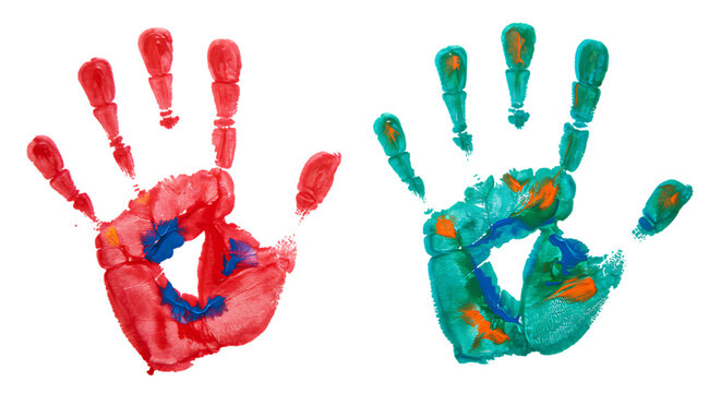 Colorful Handprints on Black Background Red Blue Teal and Orange Paint