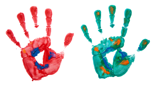 Colorful Handprints on Black Background Red Blue Teal and Orange Paint - Powered by Adobe