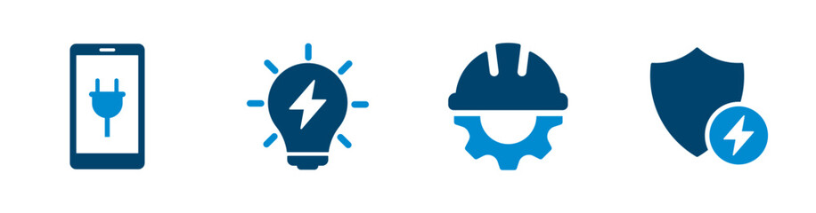 Vector icons for phone charger, light bulb, helmet with gears, electrical safety, energy.