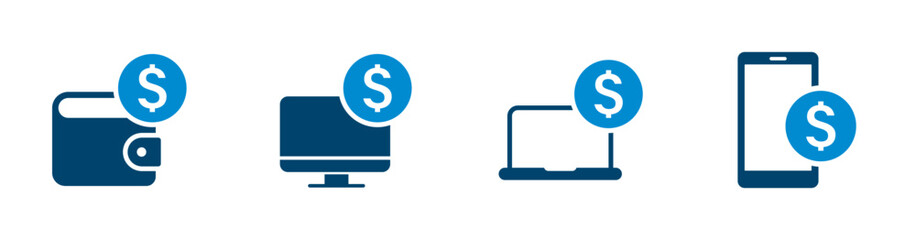 Vector icon with wallet, device with money for online payment, e-wallet, fintech.