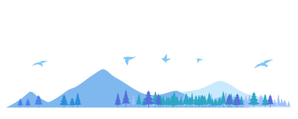 針葉樹と山のシルエットのイラスト　背景イラスト