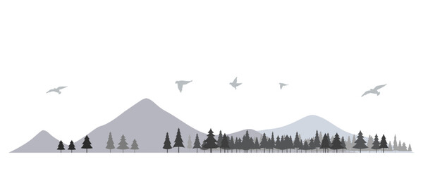 針葉樹と山のシルエットのイラスト　背景イラスト