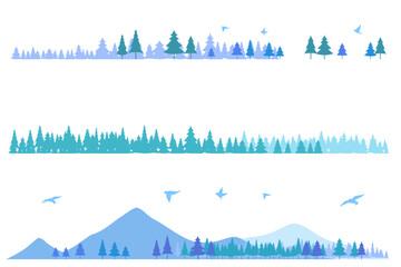 針葉樹と山のシルエットのイラストセット　背景イラスト