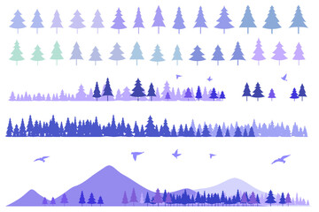 針葉樹と山のシルエットのイラストセット　背景イラスト