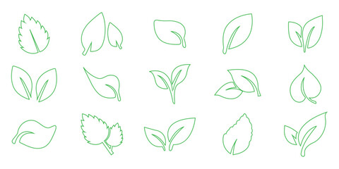Leaf sprout icon vector set, green leaves plant eco logo symbol simple graphic illustration set, vegan fresh herb pictogram shape sign, organic natural healthy logotype Vector illustration EPS 10. 