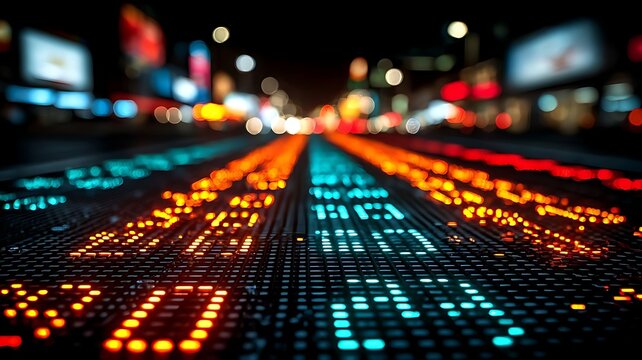 Low Angle View of Digital Data and Financial Ticker on a City Street