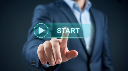 Elegant businessman pressing start button with confident touch, ready to activate modern technology and initiate success for a new project launch now