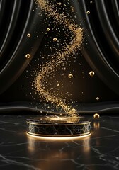 Elegant Black and Gold Product Display with Luxurious and Sophisticated Aesthetic