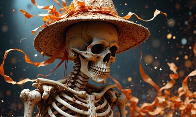A festive skeleton wears a straw hat decorated with orange ribbons, captured in a spooky, shimmering setting with floating particles.
