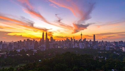 Kuala Lumpur skyline at sunset with vibrant orange clouds over cityscape