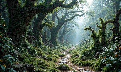 A mystical forest path winds through ancient trees, bathed in ethereal light, inviting exploration of nature's beauty.