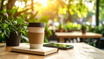 A coffee cup rests on a book and table outdoors, bathed in sunlight, near a smartphone and plants.