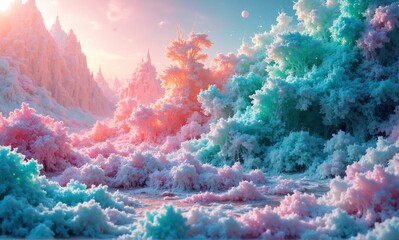 A whimsical, pastel-colored wonderland with fluffy, dreamlike landscapes and soft, diffused lighting.