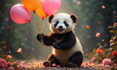 A fluffy panda cub sits holding colorful balloons amidst a garden of soft pink flowers.