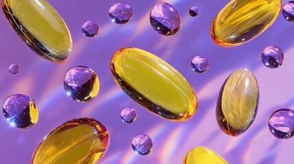 Floating, translucent, golden-yellow capsules and purple droplets on a vibrant purple background