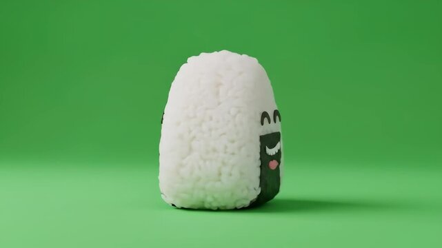 Animated Smiling Onigiri Rice Ball on Green Background