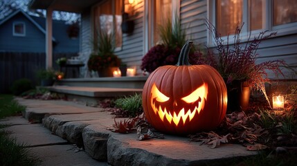 Halloween pumpkin on porch at night