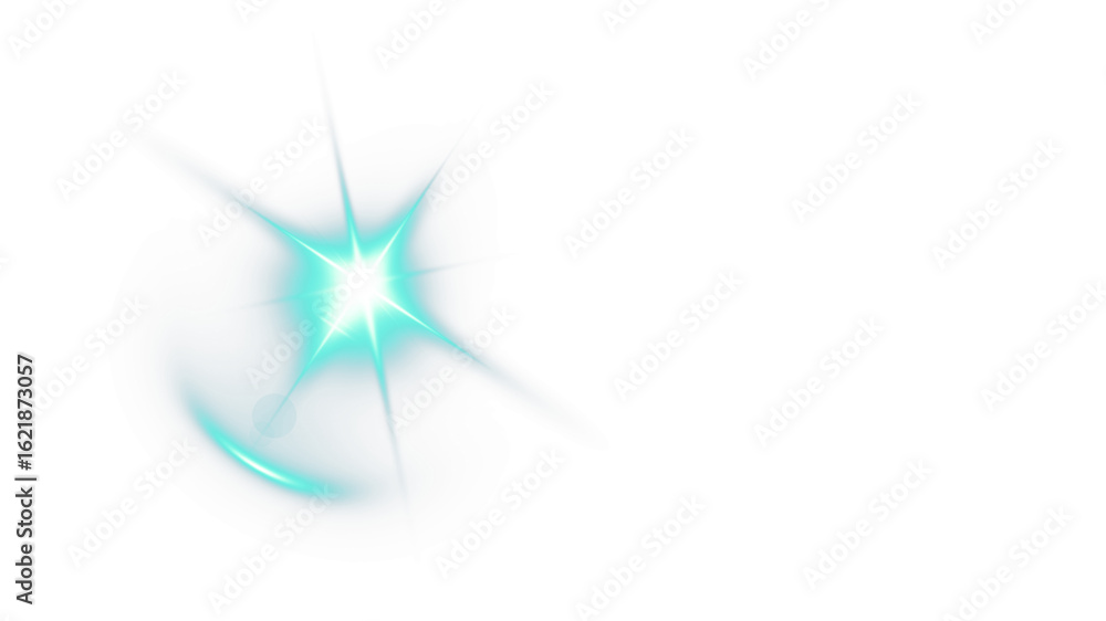 Poster bright aqua lens flare or starburst effect with prominent rays and a subtle glow, ideal for adding d