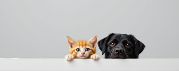 black labrador and orange kitten peeking from the bottom edge of a horizontal banner
