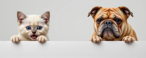 english bulldog with a grumpy expression and a curious fluffy white kitten looking over a banner fro