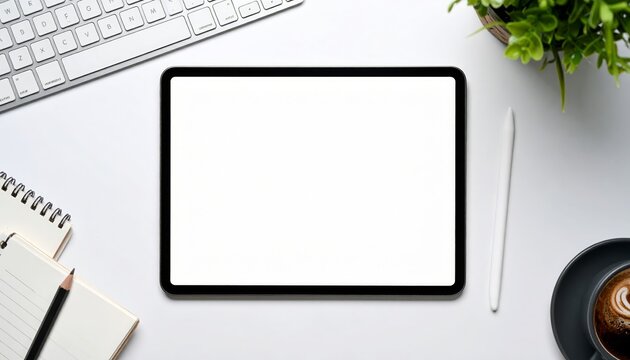 A modern workspace featuring a tablet, keyboard, and coffee, top view.