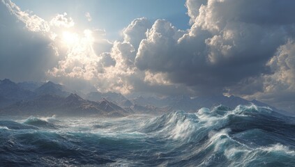 Dramatic seascape under a dramatic sky.  Vast ocean waves crash against a mountainous horizon.  Bright sun peeks through heavy clouds