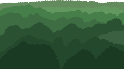 Abstract green forest hills with a white sky. Landscape of nature for environmental, ecology, and outdoor concepts.