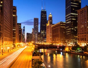 Obraz premium Magnificent chicago city skyline at night with illuminated skyscrapers and river