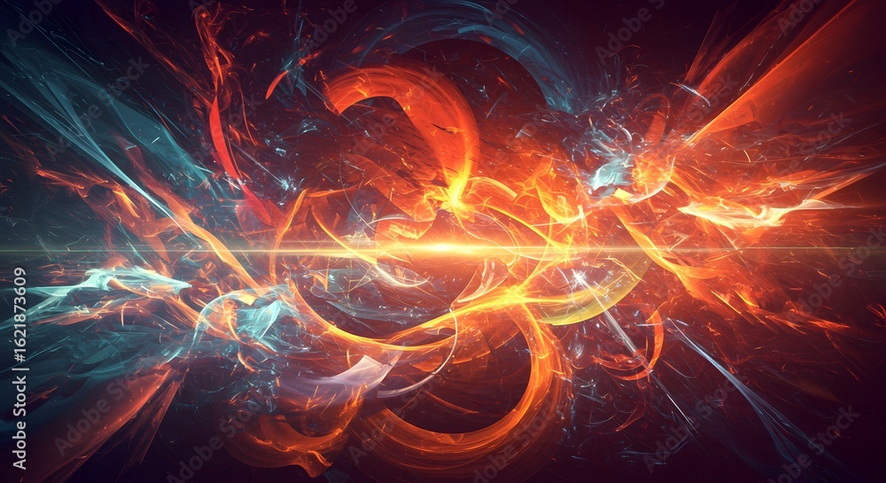 Poster abstract fractal art with orange and blue energy streams and a bright central light source creating 