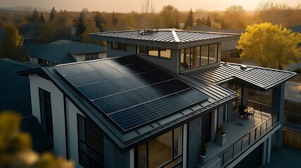 Fototapeta premium A Modern House with Solar Panels on the Roof in a Suburban Neighborhood at Sunset