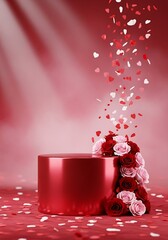 Elegant red podium with falling heart confetti and roses for romantic celebration