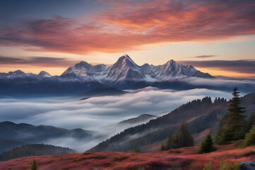 Obraz premium Majestic mountain range with fog at sunrise