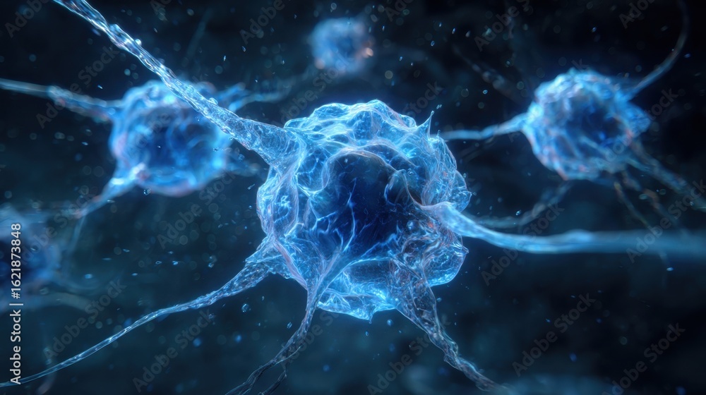Poster microscopic view showing luminescent blue brain cells enlarging due to water overload with a dynamic