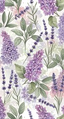 Elegant watercolor pattern showcasing lavender and lilac floral designs with soft colors