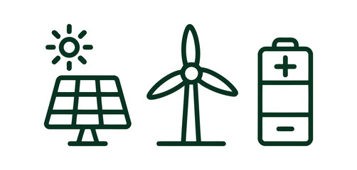 Solar panel wind turbine battery power generation icons vector