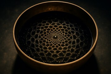 Close up of a singing bowl filled with water showing a pattern of light and dark circles on water surface