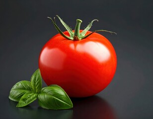 A plump red tomato with a green stem, paired with a basil leaf for a pop of color