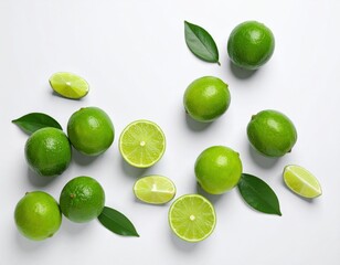 High-definition image of several glossy green limes,