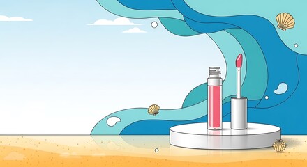 Lip gloss beauty product display on a summer beach scene for promotional campaigns