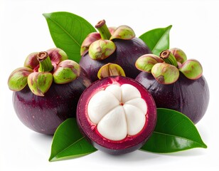 Whole mangosteen fruit with leaves, realistic photography style