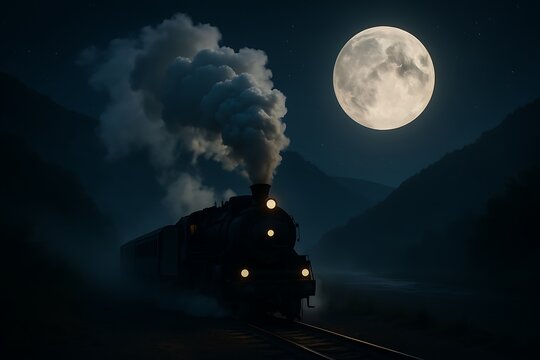 A steam train under a full moon at night with smoke billowing into the dark sky and mountain backdrop - Powered by Adobe