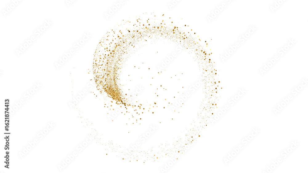Poster transparent background featuring a beautiful swirling vortex of golden glitter particles, creating a