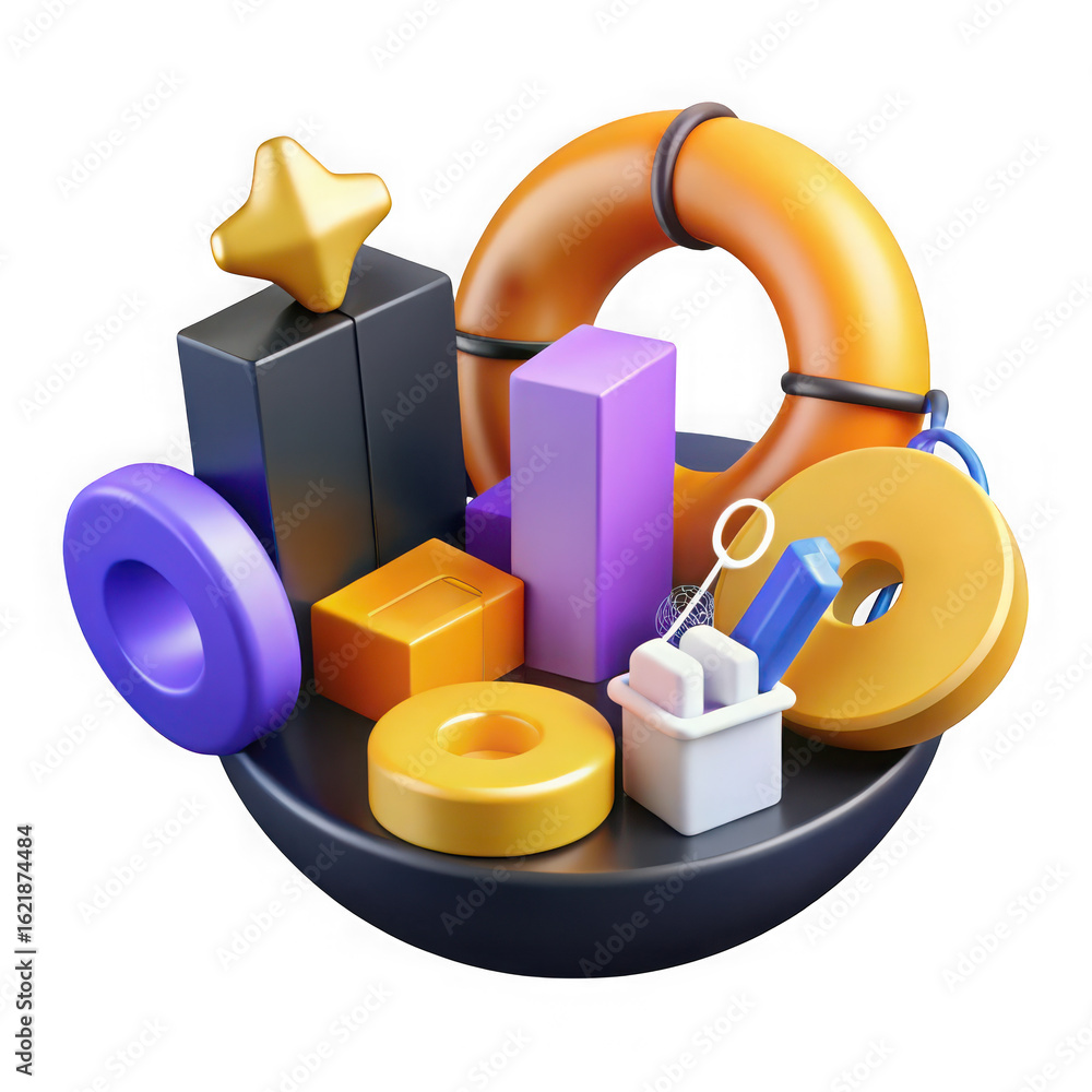 Poster illustration of vibrant assortment of geometric shapes arranged in a visually appealing composition 