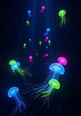 Luminescent jellyfish gracefully dance in the deep ocean creating a mesmerizing spectacle of light